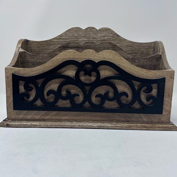 Wooden Desk Organizer Two Slot Letter Holder with Wrought Iron Design - Picture 1 of 6
